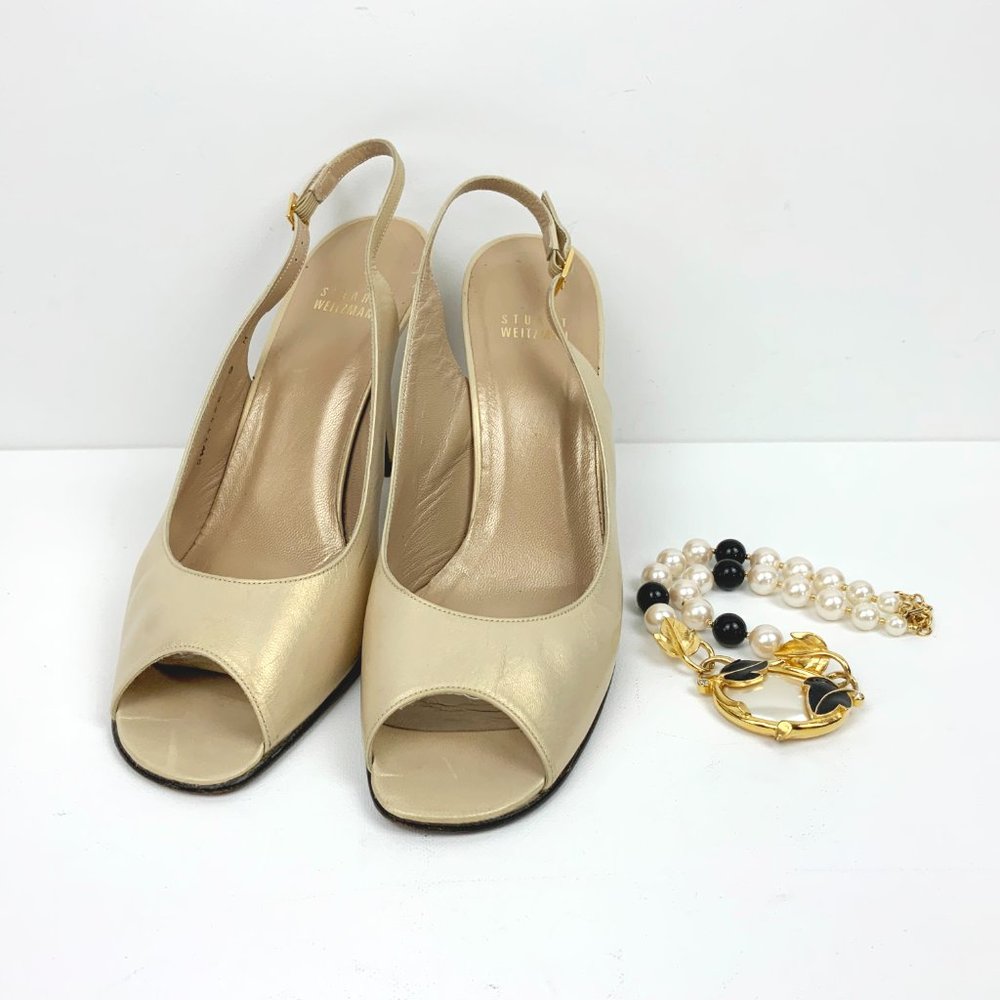 Stuart Weitzman Leather Metallic Gold Slingback Peep Toe Heels Sz 9 - Picture 3 of 16